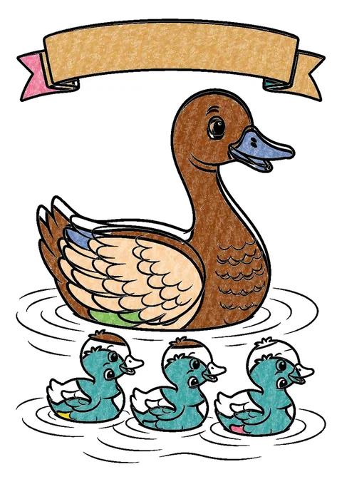 Completed crayon-colored example of the Goose with goslings coloring page