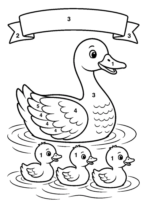 Goose with goslings coloring page with numbered areas and a color key for color by number
