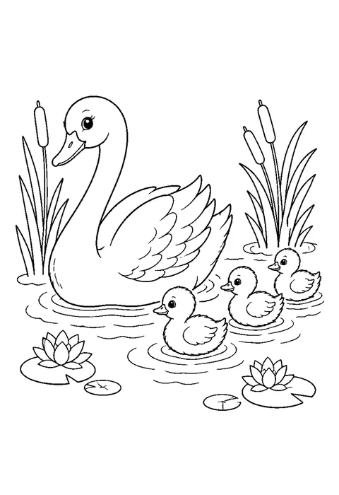 Detailed outline drawing of a goose standing with three goslings in a line, wing feathers drawn in layers.