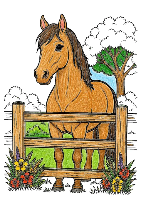 Completed crayon-colored example of the Horse by the fence coloring page