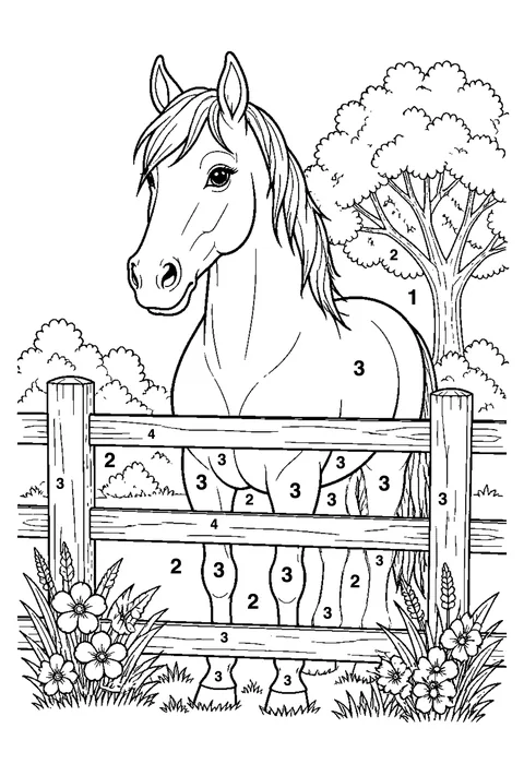 Horse by the fence coloring page with numbered areas and a color key for color by number