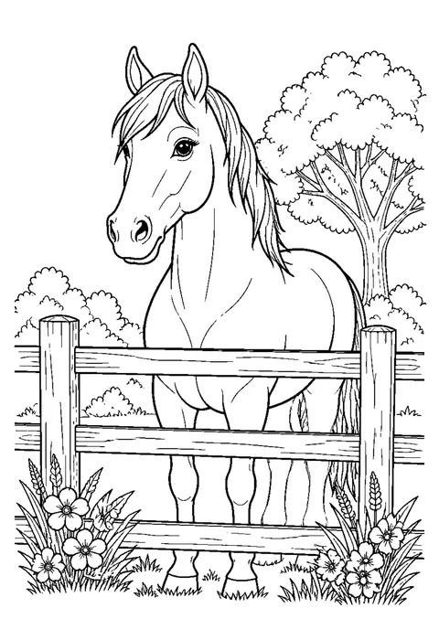 Detailed outline drawing of a horse standing with its head over a wooden rail fence, mane falling to one side.