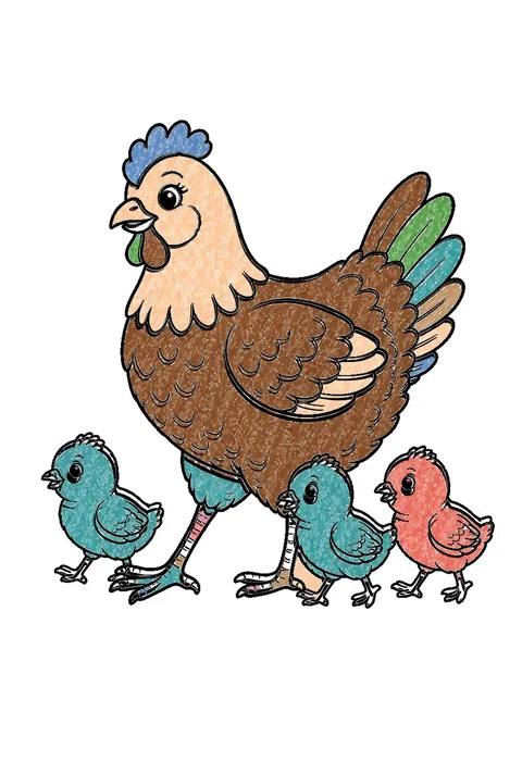 Completed crayon-colored example of the Mother hen with chicks coloring page