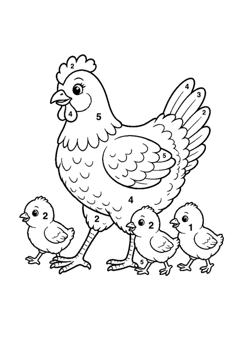 Mother hen with chicks coloring page with numbered areas and a color key for color by number