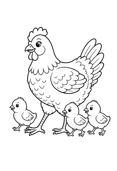 Detailed outline drawing of a hen with four chicks of different sizes gathered around her feet.