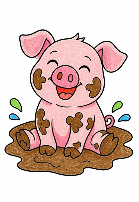 Completed crayon-colored example of the Pig in the mud coloring page