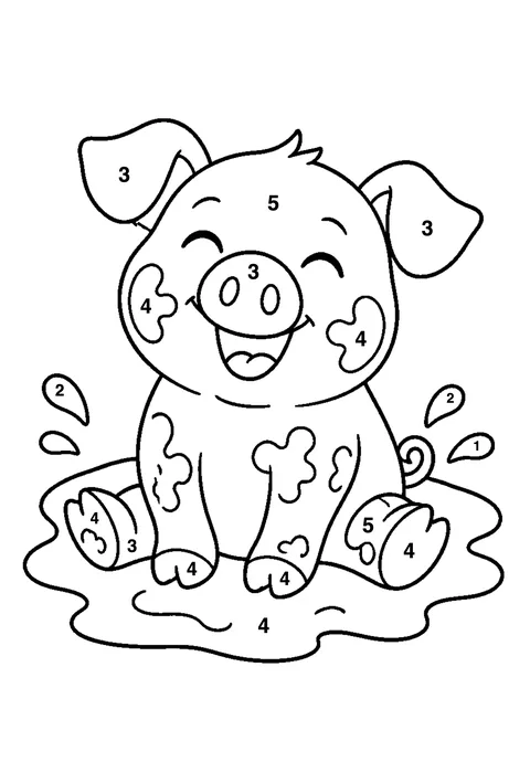 Pig in the mud coloring page with numbered areas and a color key for color by number