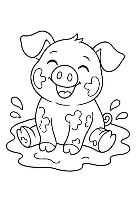 Line drawing of a round pig with a curly tail standing in a shallow mud puddle.
