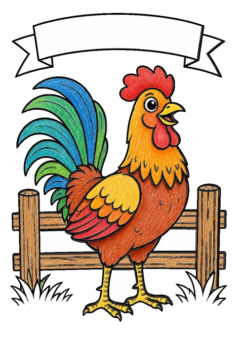 Completed crayon-colored example of the Rooster crowing coloring page