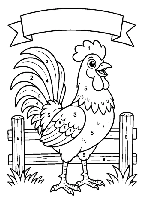 Rooster crowing coloring page with numbered areas and a color key for color by number