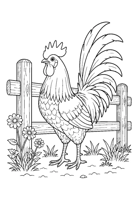 Detailed outline drawing of a rooster on a fence post crowing, with arched tail feathers drawn separately.