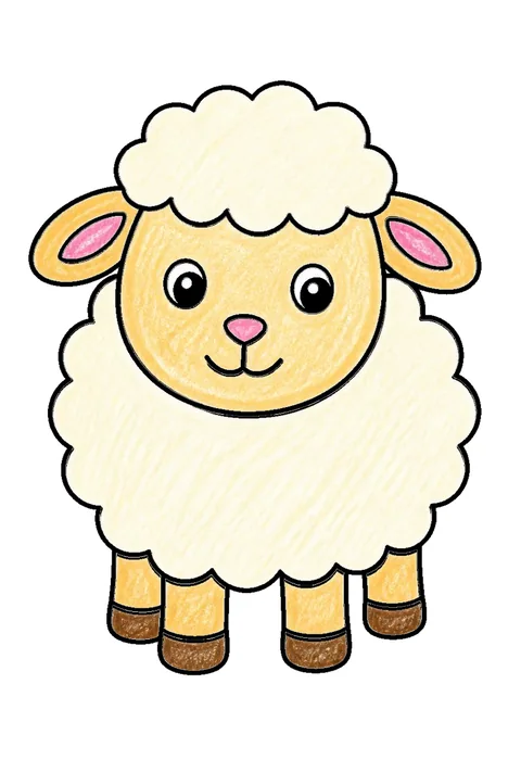 Completed crayon-colored example of the Sheep with curly wool coloring page