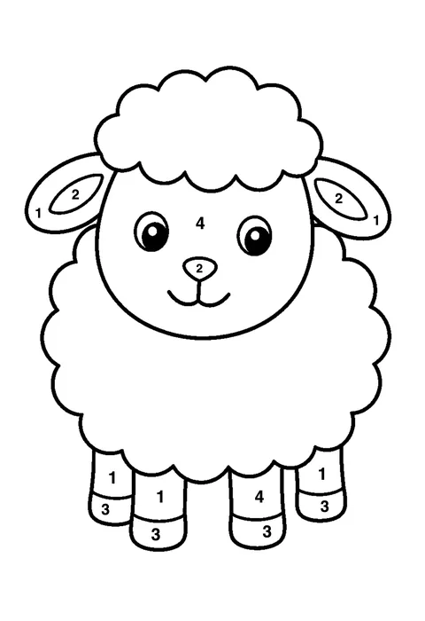 Sheep with curly wool coloring page with numbered areas and a color key for color by number