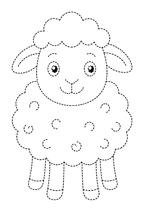 Tracing outline of a sheep with its fleece drawn as rows of small dashed spirals.
