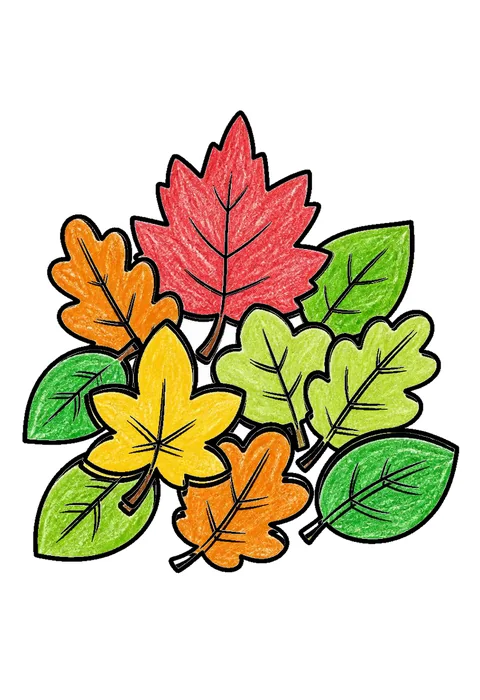 Completed crayon-colored example of the Autumn leaf pile coloring page