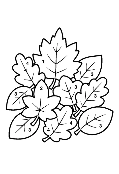 Autumn leaf pile coloring page with numbered areas and a color key for color by number