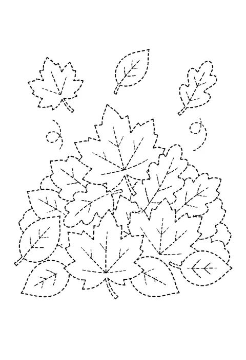 Tracing outline of nine overlapping fallen leaves of different shapes with dotted veins.