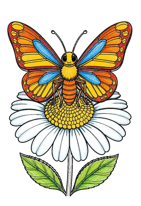 Completed crayon-colored example of the Butterfly on a flower coloring page