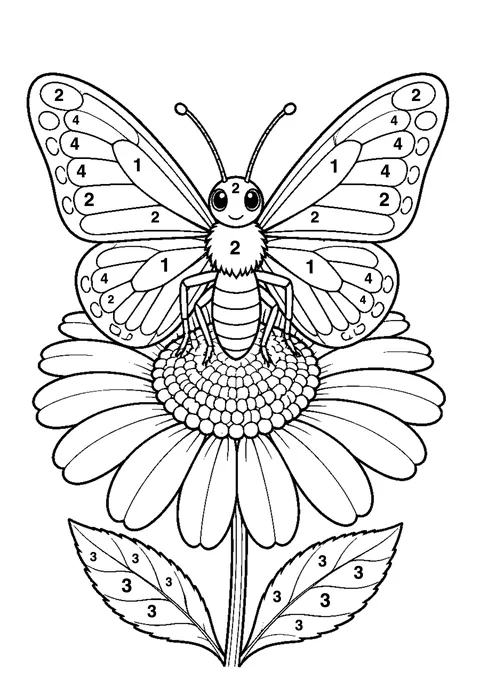 Butterfly on a flower coloring page with numbered areas and a color key for color by number