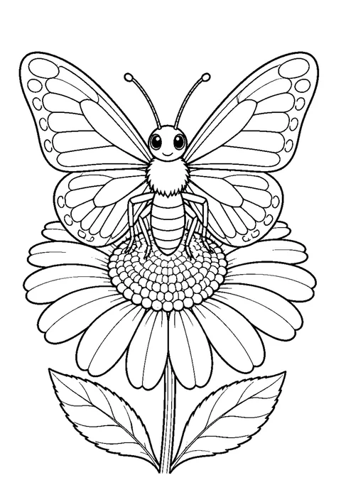 Detailed outline drawing of a butterfly with open wings resting on a flower, wing pattern drawn as cells.