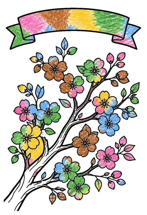 Completed crayon-colored example of the Cherry blossom branch coloring page