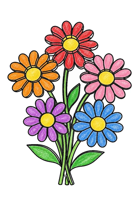 Completed crayon-colored example of the Daisy chain coloring page