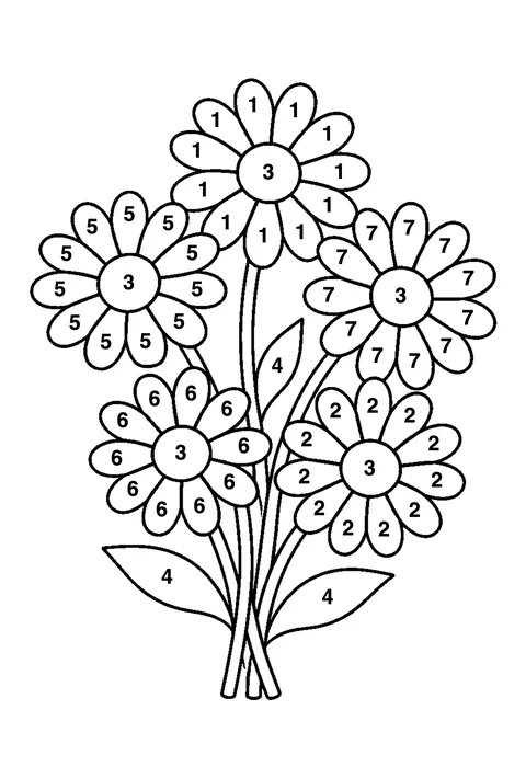 Daisy chain coloring page with numbered areas and a color key for color by number
