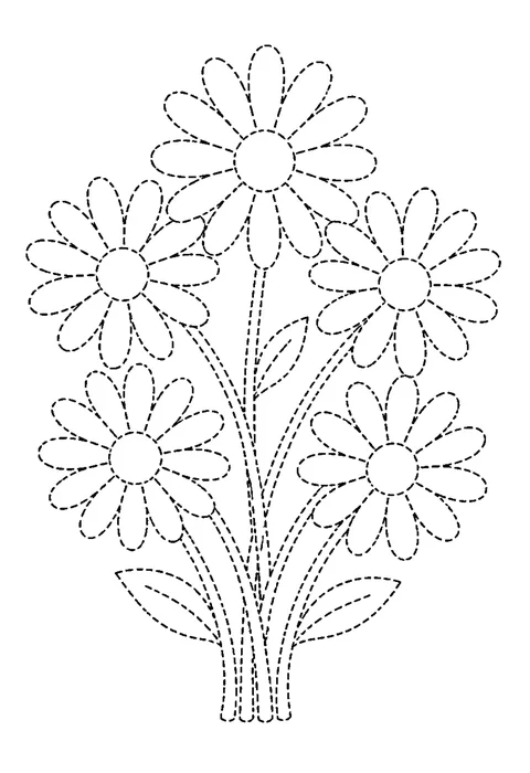 Tracing outline of seven daisies linked stem through stem into a loop, drawn in dashed lines.