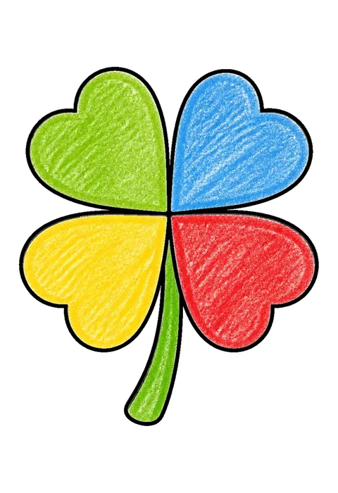 Completed crayon-colored example of the Four-leaf clover coloring page