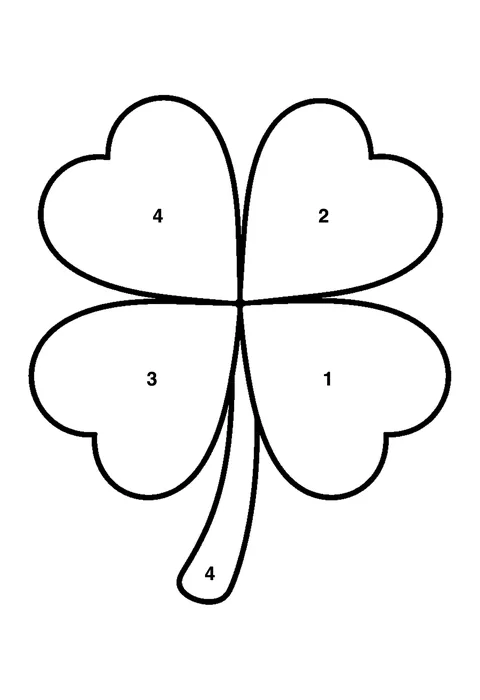 Four-leaf clover coloring page with numbered areas and a color key for color by number