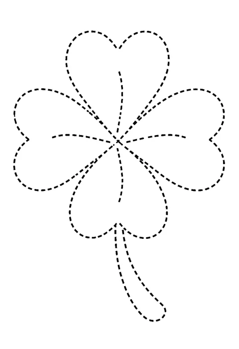 Tracing outline of a single large four-leaf clover with a dotted line down the middle of each leaf.