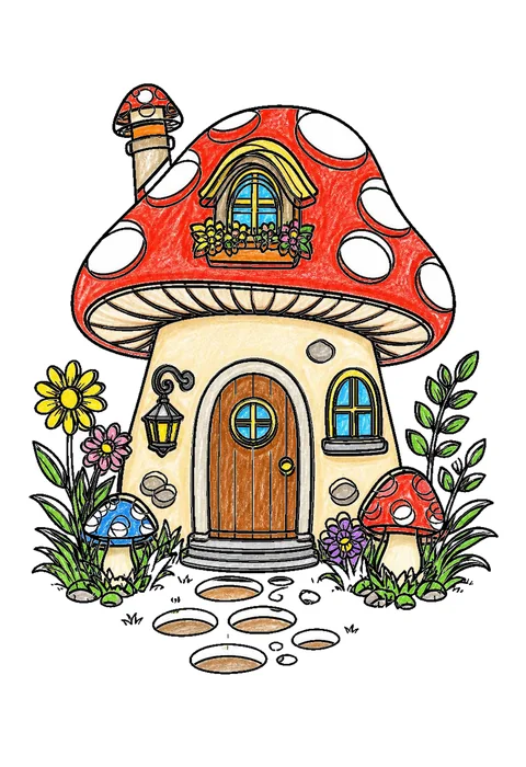 Completed crayon-colored example of the Mushroom house coloring page