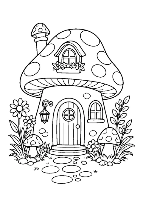 Detailed outline drawing of a spotted toadstool made into a house with a round door, windows and a path.