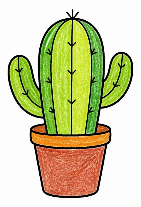 Completed crayon-colored example of the Potted cactus coloring page