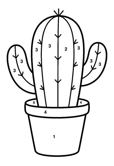 Potted cactus coloring page with numbered areas and a color key for color by number