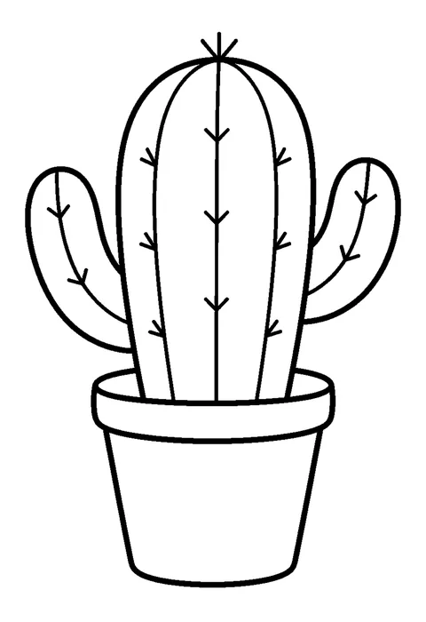 Line drawing of a round cactus with two arms in a patterned pot, with short spines and a flower on top.