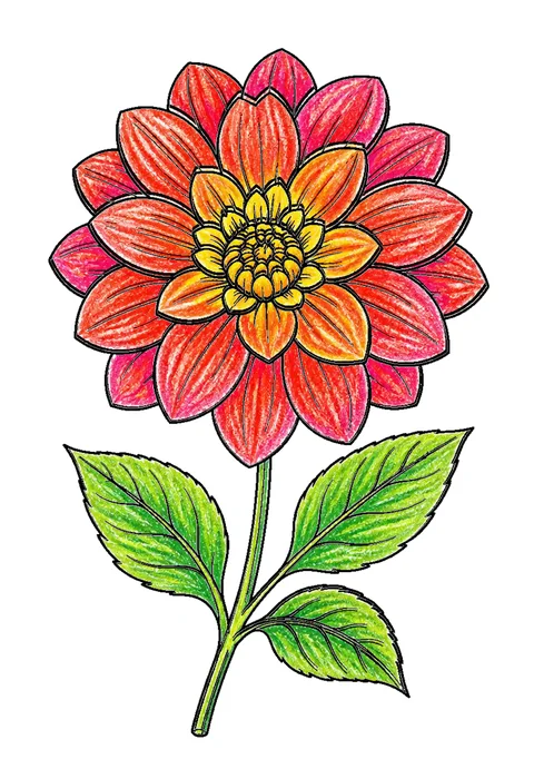 Completed crayon-colored example of the Rose with leaves coloring page