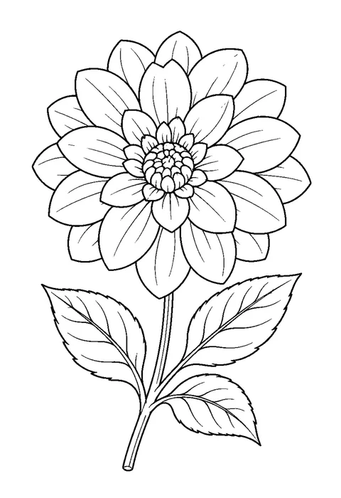 Detailed outline drawing of an open rose with petals spiraling inward, thorns and serrated leaves on the stem.