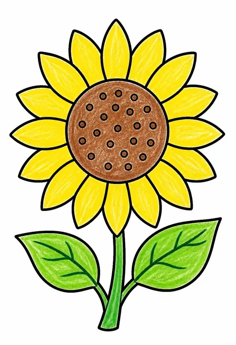 Completed crayon-colored example of the Sunflower in bloom coloring page