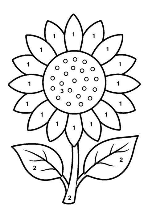 Sunflower in bloom coloring page with numbered areas and a color key for color by number