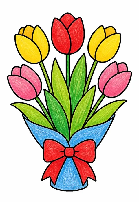 Completed crayon-colored example of the Tulip bouquet coloring page