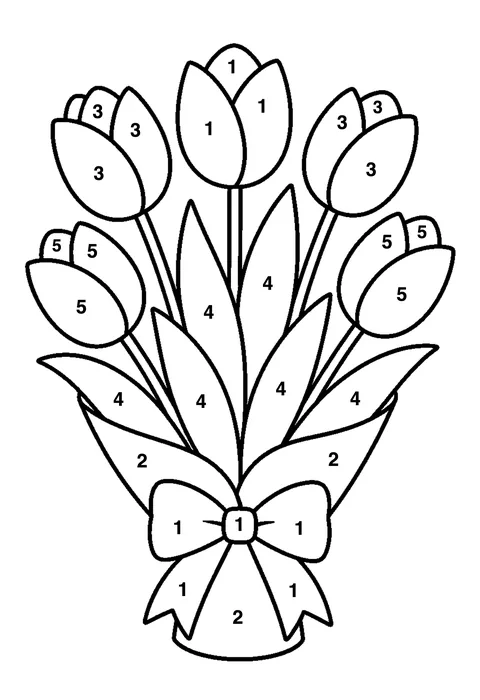 Tulip bouquet coloring page with numbered areas and a color key for color by number