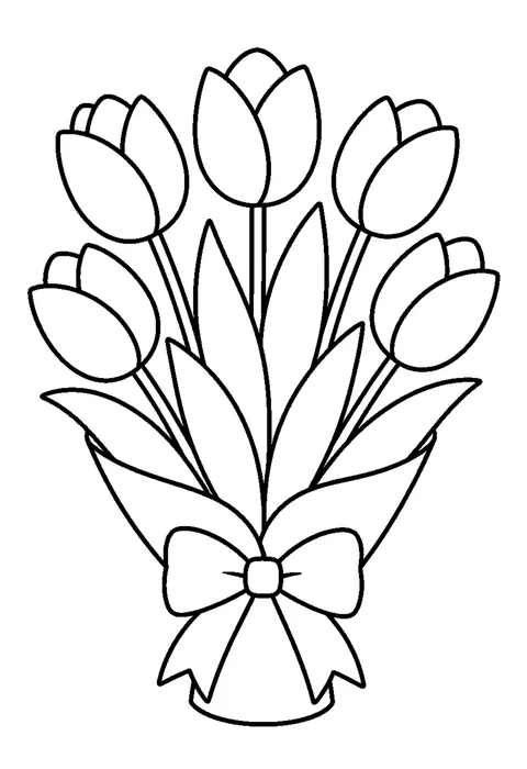 Line drawing of five tulips gathered in a paper wrap, each flower drawn with three visible petals.