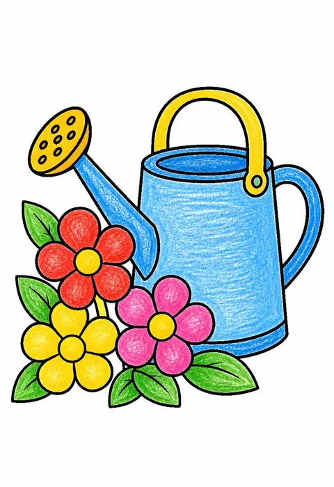 Completed crayon-colored example of the Watering can with flowers coloring page