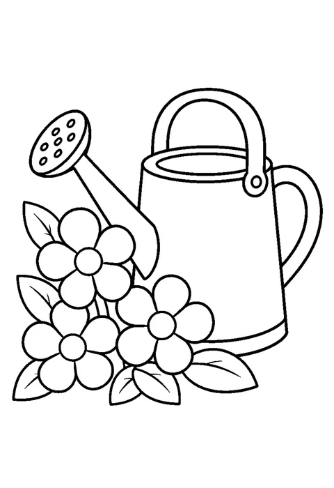 Line drawing of a watering can with flowers growing out of its spout.