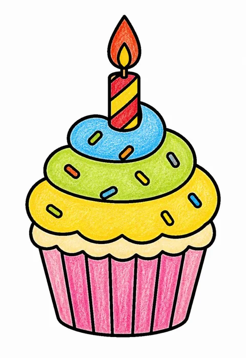 Completed crayon-colored example of the Birthday cupcake coloring page