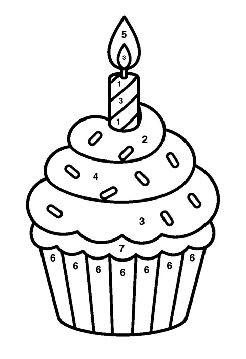 Birthday cupcake coloring page with numbered areas and a color key for color by number