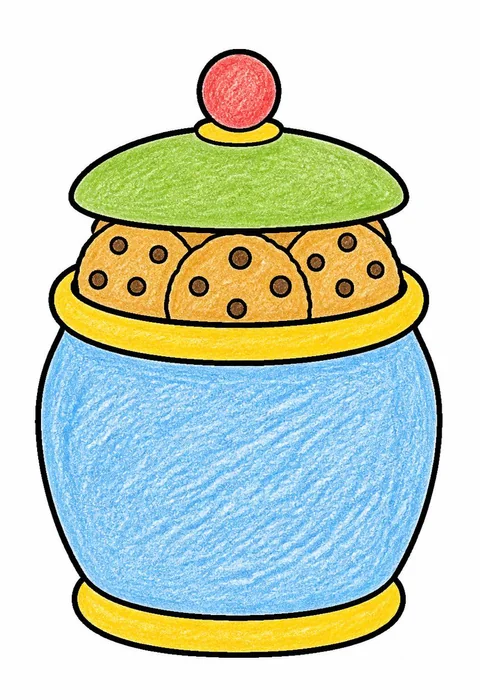 Completed crayon-colored example of the Cookie jar coloring page