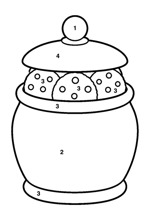 Cookie jar coloring page with numbered areas and a color key for color by number
