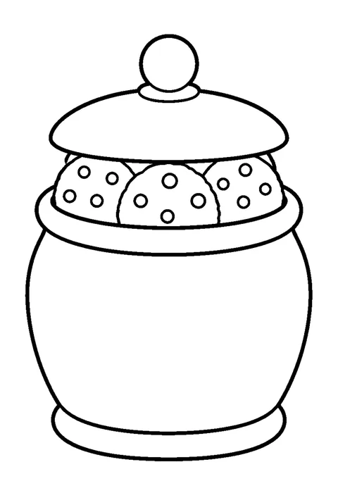 Line drawing of a lidded cookie jar with a blank label panel and two cookies leaning against the base.